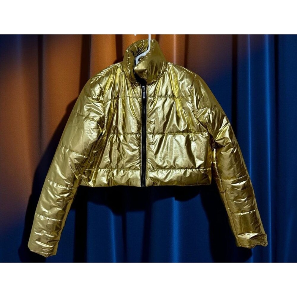 36 Point 5 Gold Metallic Cropped Puffer Jacket Womens M Shiny Winter